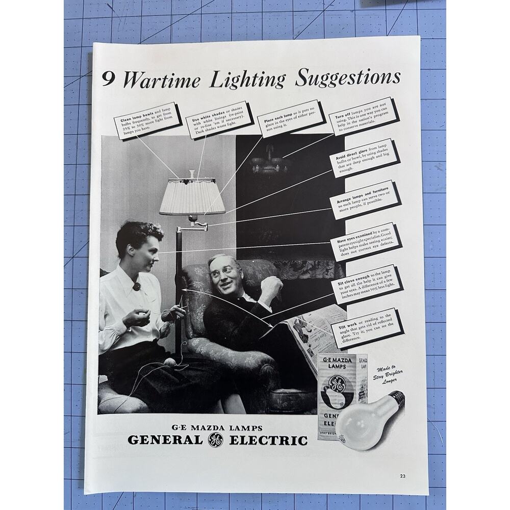 Vintage Print Ad 1942 General Electric Mazda Lamps Wartime Lighting Suggestions
